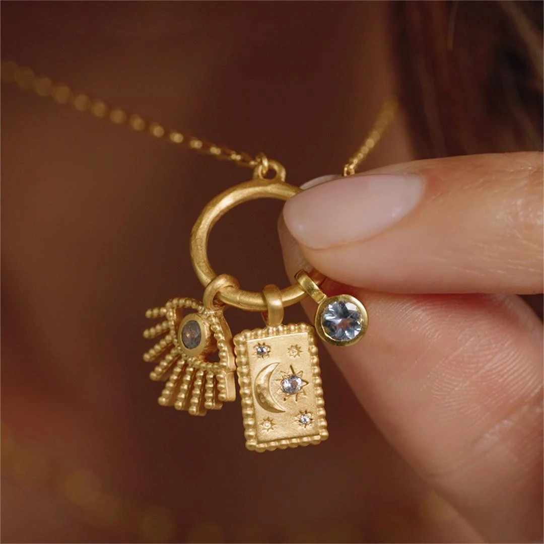 Vintage 18k Gold-Plated Women's Necklace with Moon Star, Sun, Evil Eye Amulet, Multiple Charms, Birthstone DIY Jewelry Pendant N