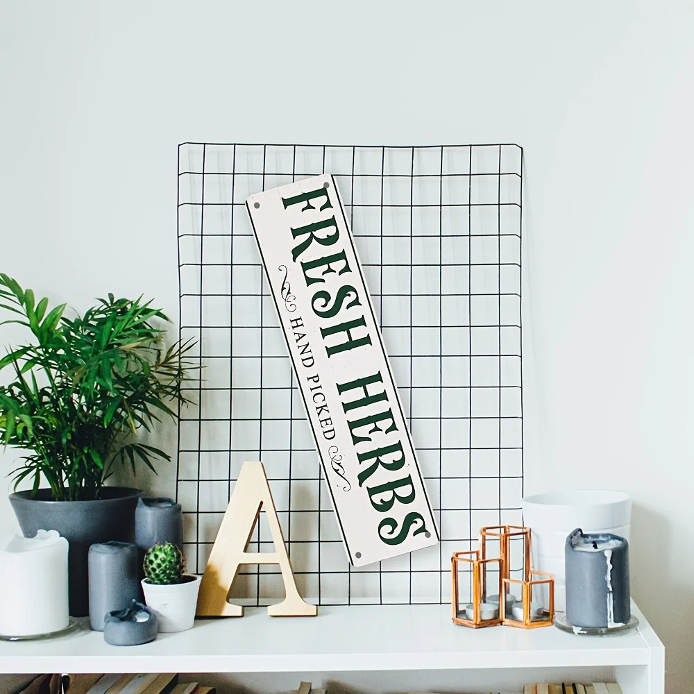 2D 1Pc, Vintage 'Fresh Herbs Hand Picked' Aluminum Metal Sign | Rustic Green & White Decorative Plaque for Bars, Man Caves