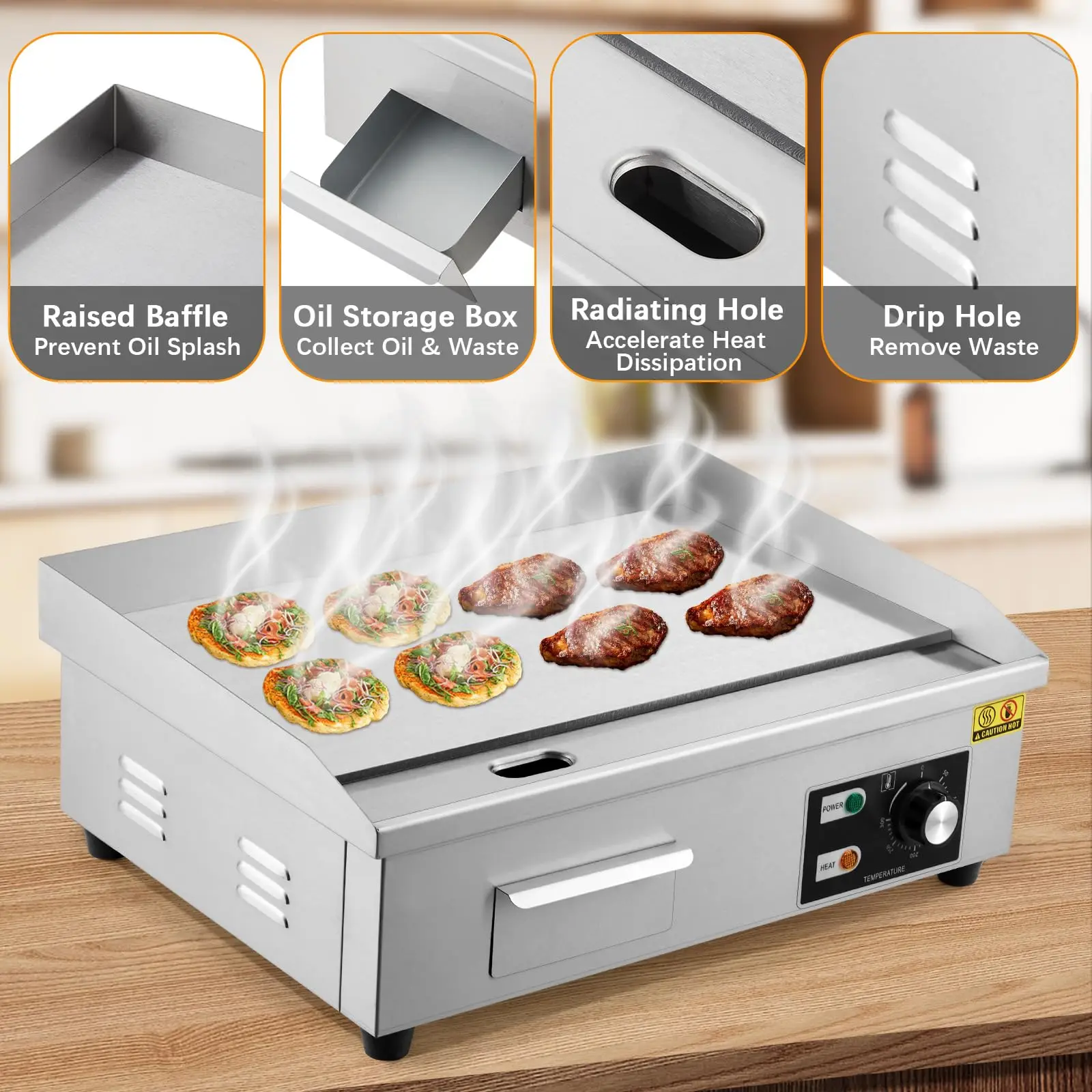 14/18/21인치 상업용 전기 그리들 1600W 논스틱 플랫탑 그릴 122-572 ° 조절 가능한 온도와 삽, 브러시 포함