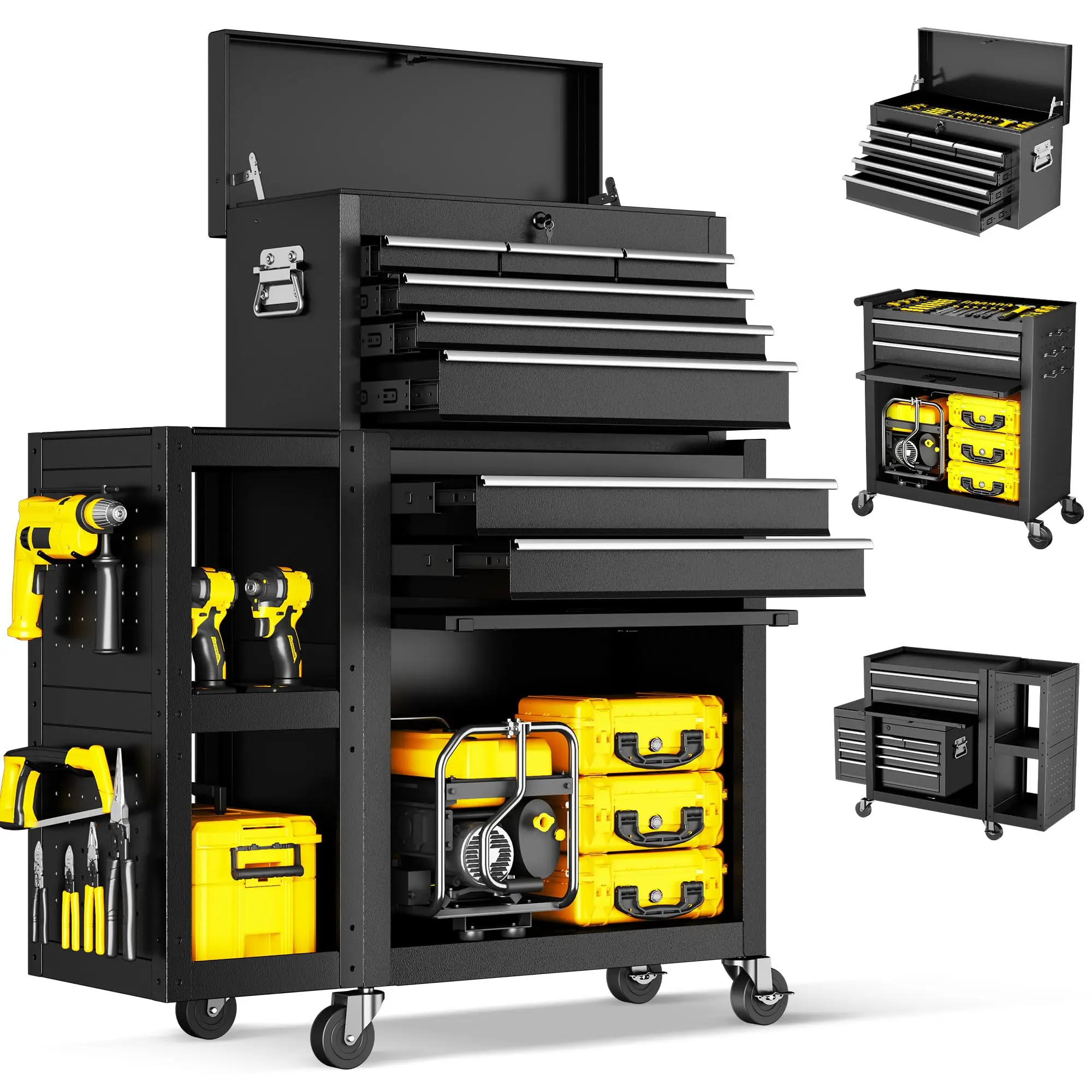 8-Drawer Rolling Tool Chest with Wheels, Lockable 3-in-1 Tool Box, Detachable Top Toolbox & Bottom Storage Cart with