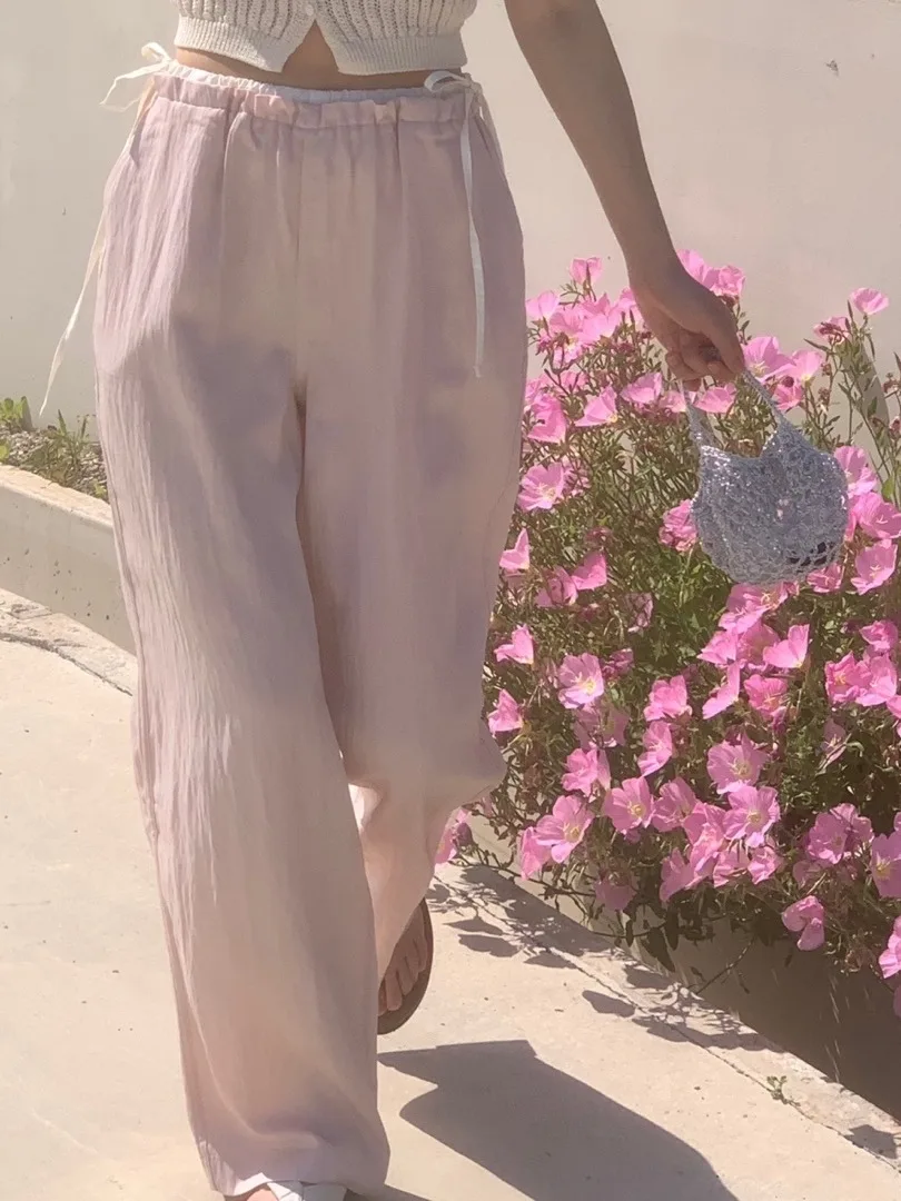 

Summer Anti-Aging Personality Color Block High Waist Casual Pants Women's Knot Tied Waist Wide Leg Pants Casual Style
