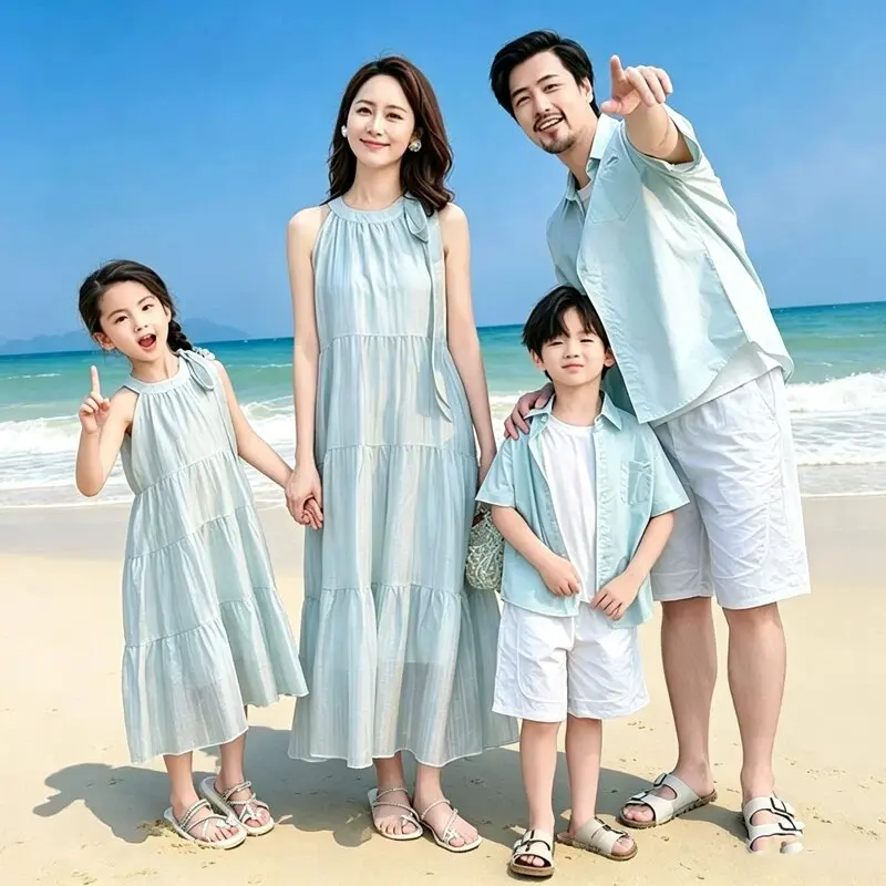 Vacation Family Couple Matching Beach Outfit Holiday Mom Daughter Dress Dad Son Shirts Korea Parent-child Brother Sister Clothes