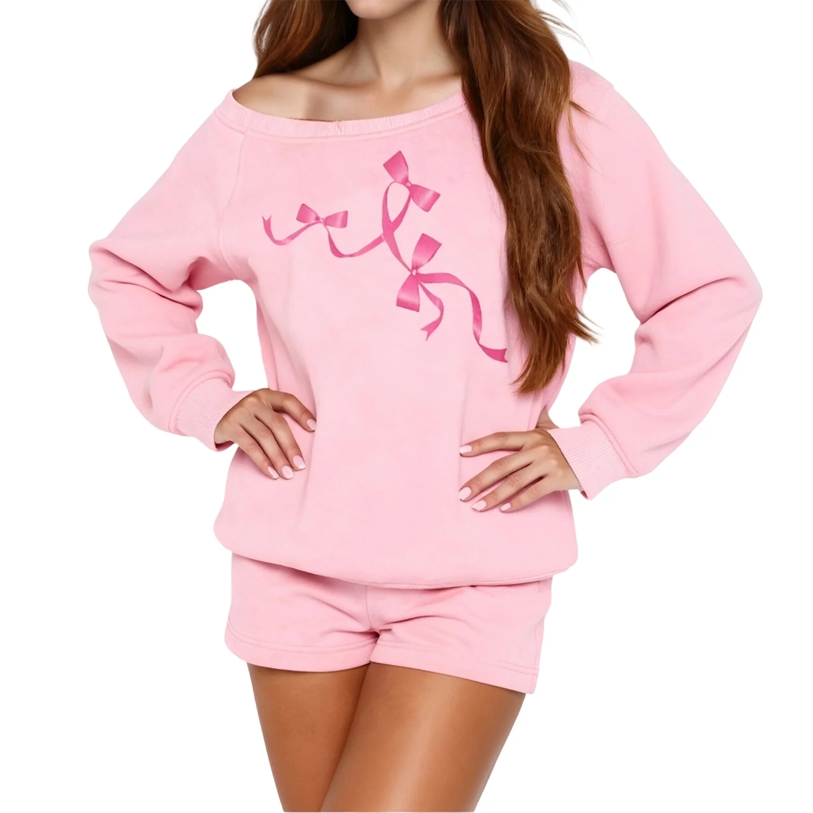 Damen-Sweatshirt, langärmelig, schräger Ausschnitt, Schleife, Druck, lockerer Kapuzenpullover, lässige Oberteile