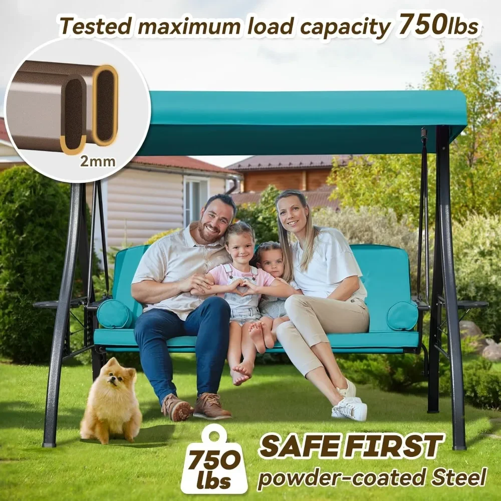 3 in 1 Outdoor Porch Swing with Adjustable Canopy, 3 Seat Outdoor Swing for Adults, Patio Swing Chair with Thickened Cushions