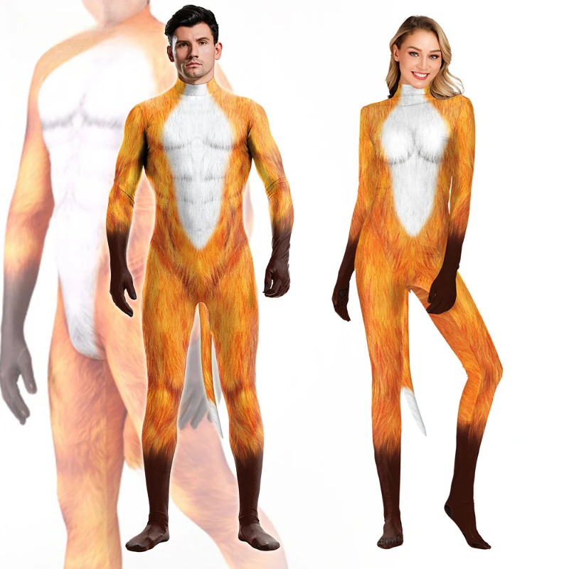 

Men Women Animal Cosplay Bodysuit 3D Printed Fox Pattern Jumpsuit with Tail for Halloween Costume Party Role Pla