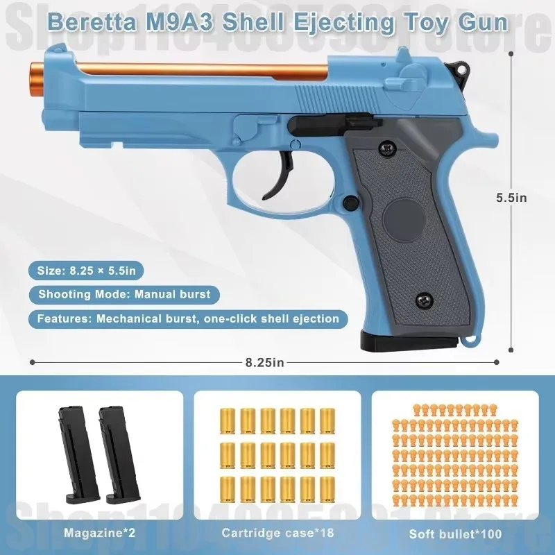 Pistola de bala macia Beretta, armas de brinquedo para meninos, armas de brinquedo de ejeção de concha que parecem reais, disparo contínuo mecânico, presente de Natal