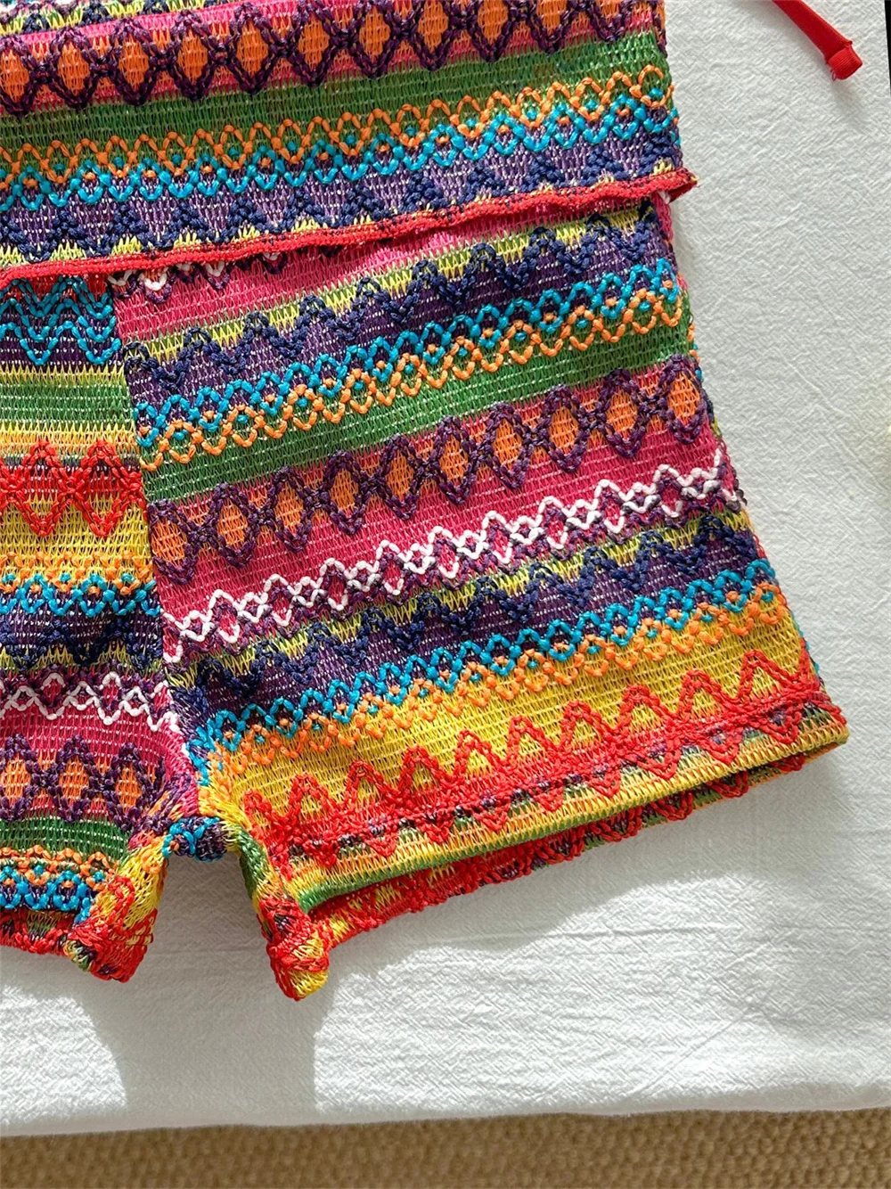 Boho Knitted Bikini Geometric Crochet Contrast 3 Piece Shorts Swimsuit Women Micro String Vacation Swimwear Beach Outfit Bikinis