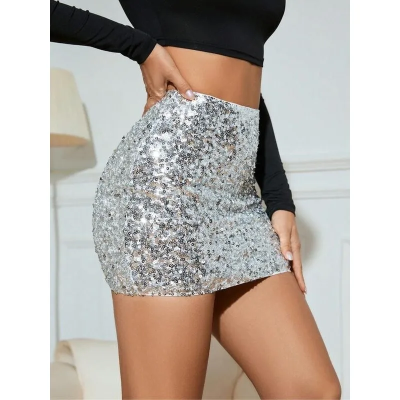

Sparkling Bodycon Skirt Sequin Wrap around Skirt Women's Fashion Spring Collection Neutral Color Other Fabric Other Style