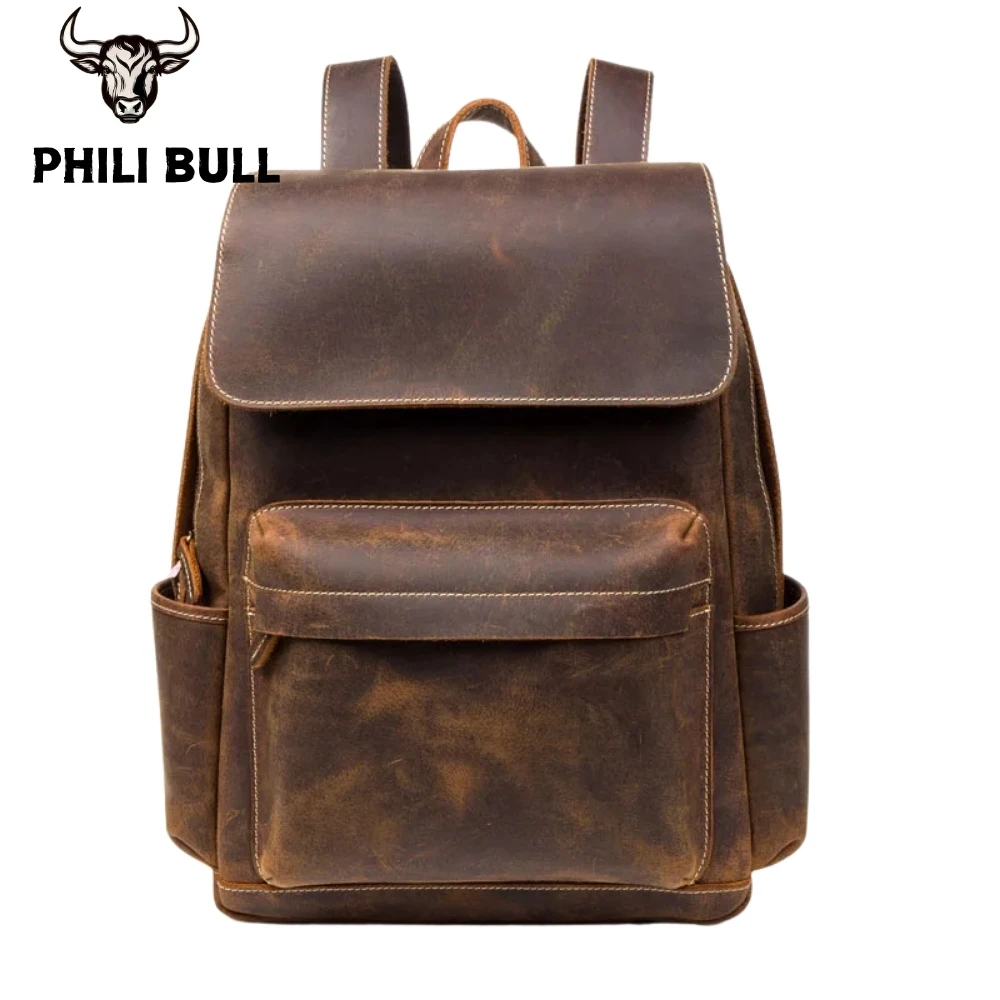 

Genuine Leather Backpack Vintage First Layer Cowhide Backpack Leisure Travel Bag Large Capacity Computer Bag For 15.6inch