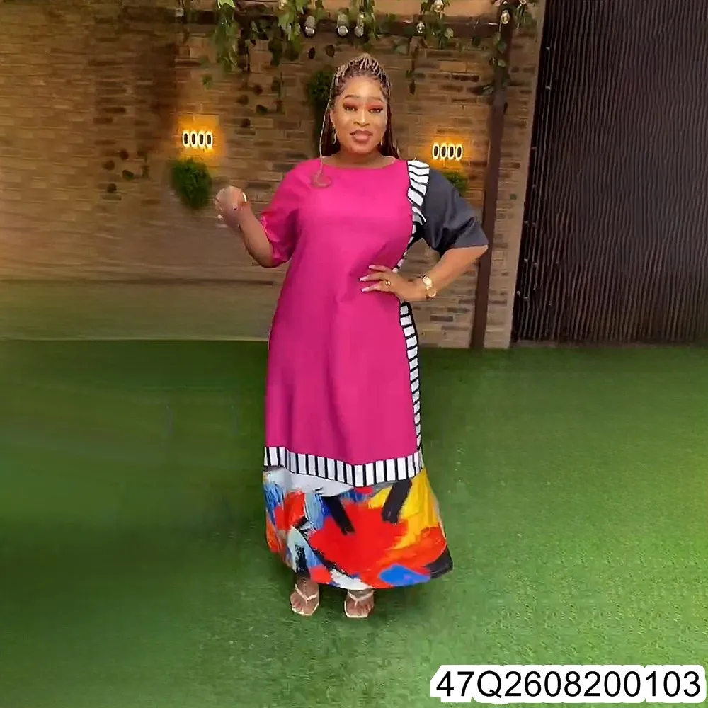 2026 New Graffiti Color-blocking Dress, African Plus-size Comfortable and Casual Long Dress 47Q26082001