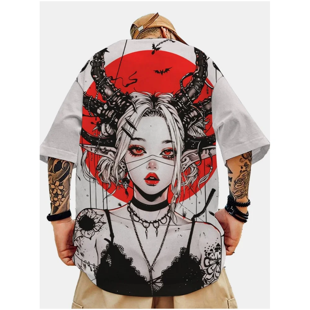 Japanese Anime Pattern Print Men\'s T-Shirt Tops Summer T-Shirt Short Sleeved Clothing Loose Oversized Casual Street Blouse Man