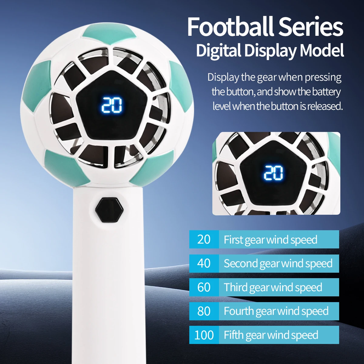 

Led Digital Display Soccer Ball Design Handheld Fan Charging Usb Rechargeable Portable For Outdoor Travel Office Summer Cooling