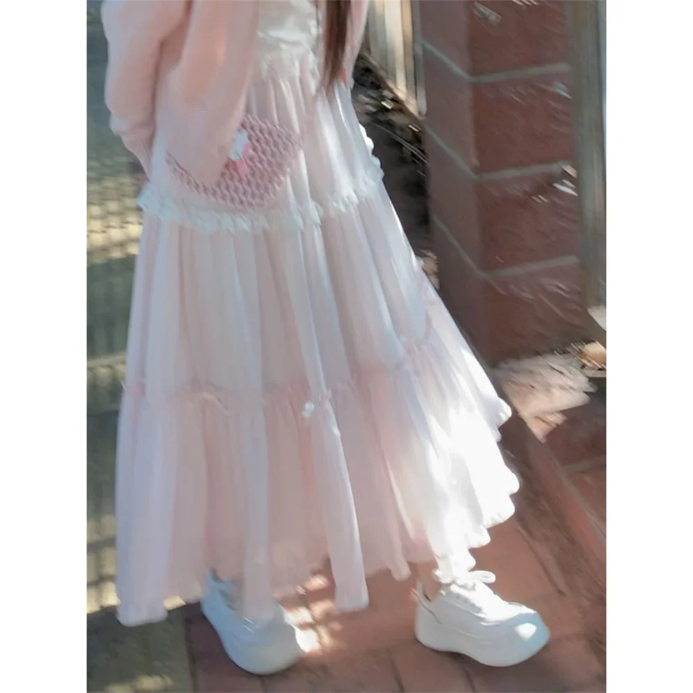 Sweet Skirts Women Bow Lace Patchwork Elastic High Waist Spring Summer 2026 Japanese Fashion Elegant Long Skirt Female Casual