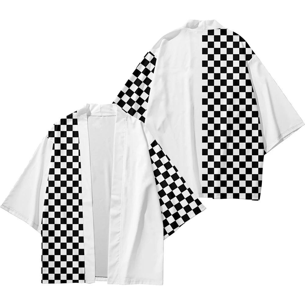 

Men's Japanese Kimono Traditional Checkerboard Casual Loose Thin Jacket Asian Kimono Cardigan 8