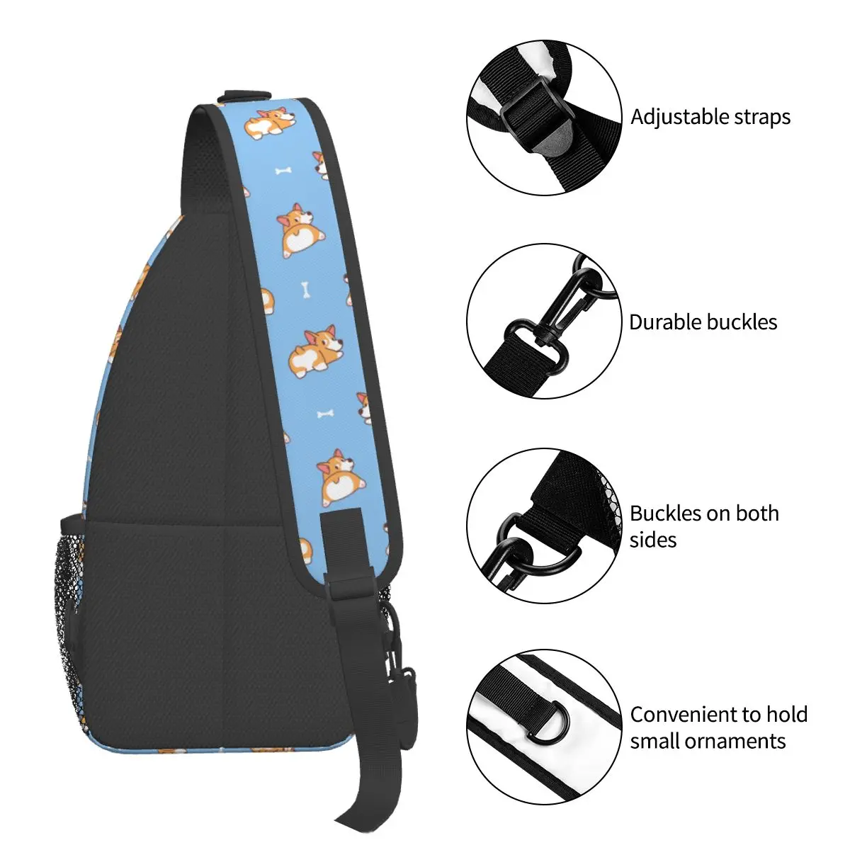 Cute Welsh Corgi Dog Sling Bag Chest Crossbody Shoulder Backpack Outdoor Hiking Daypacks Animal Cool Bags