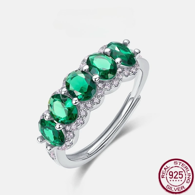 

New S925 pure silver light luxury fashion green nano zirconia emerald retro ring wedding jewelry