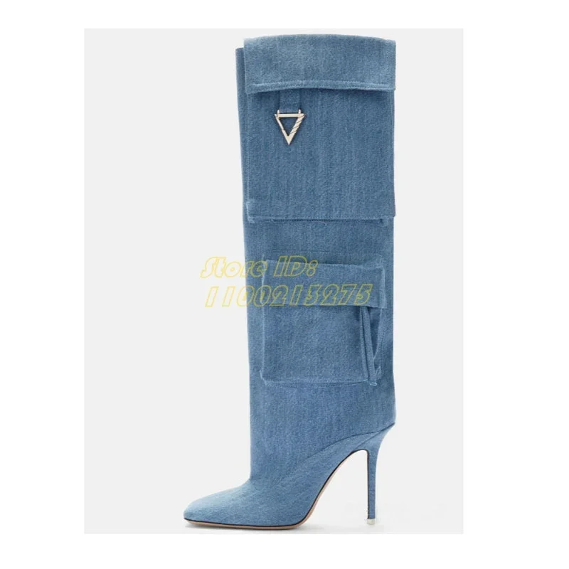 

2025 Newest Denim Blue Boots Pocket Decor Square Toe Knee High Runway Winter Autumn Women Dress Shoes Handmade Thin High Heel