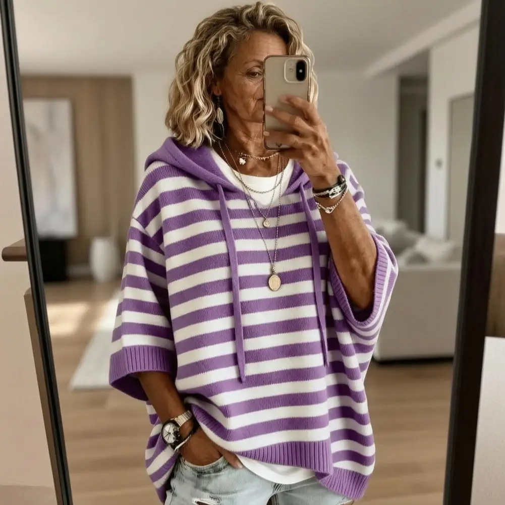 Striped Sweater Knit Drawstring Sweater Women’s Hooded Striped Knit Sweater Loose Half Sleeve Pullover Autumn for Comfort