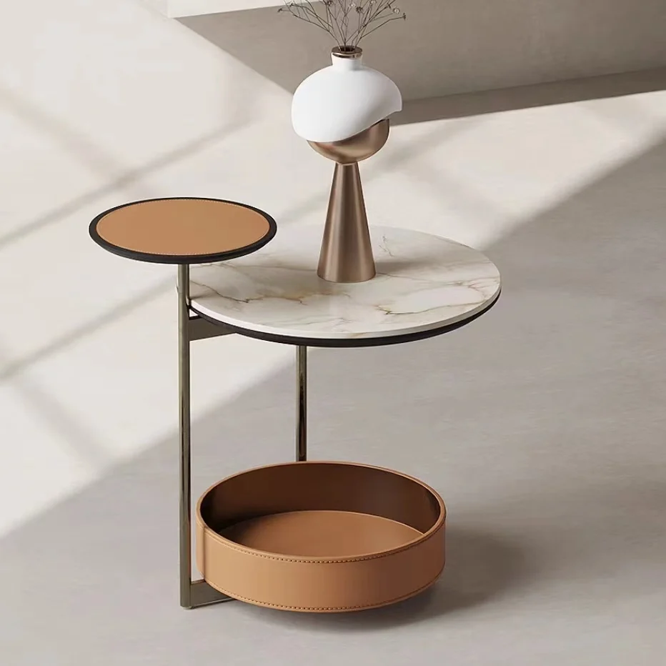 xc-Modern Marble Side Table Italian Simple Unique Design Leather Travertine Antique Small Round Side Tables for Living Room#