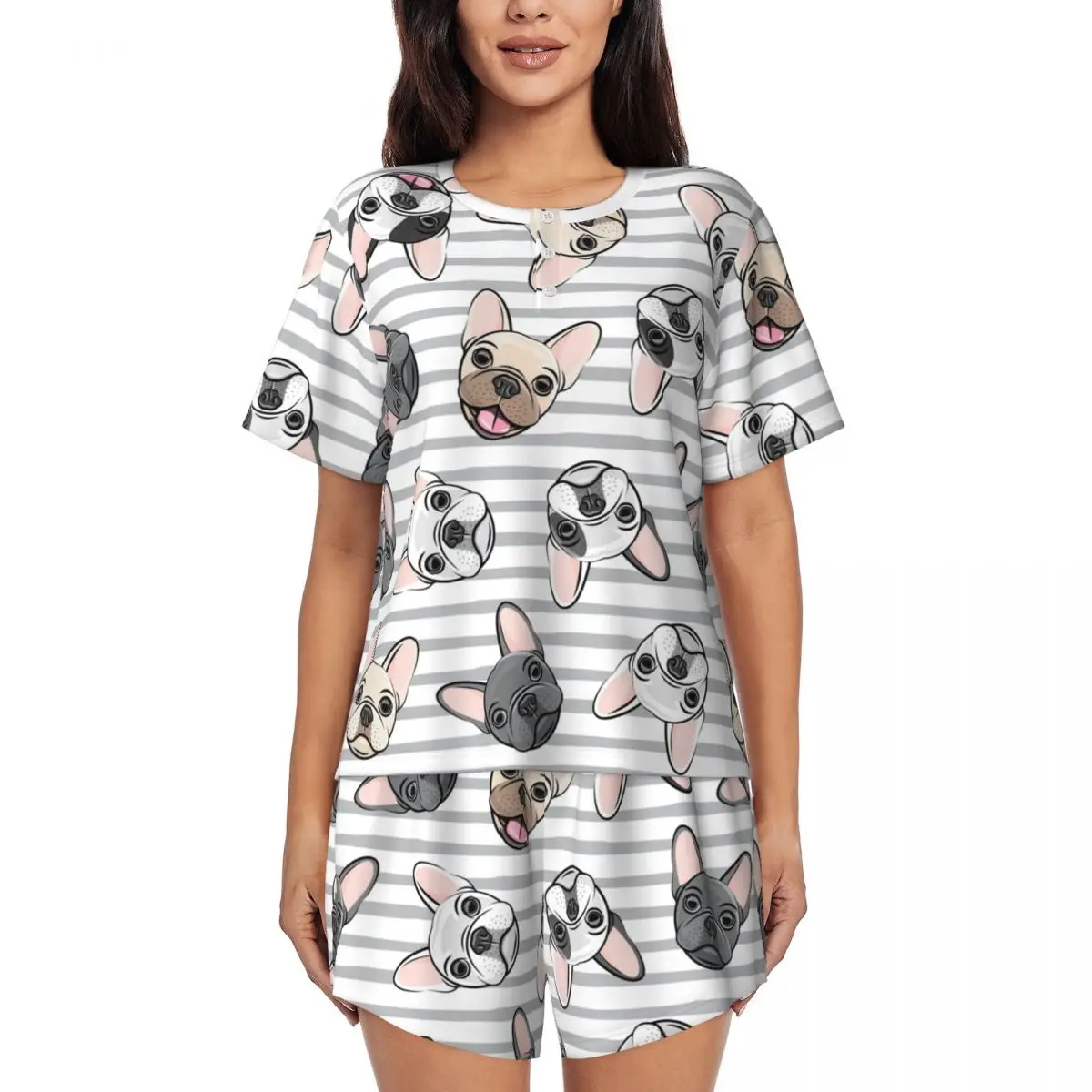 

Grey Stripes Cute French Bulldogs Pajamas Set Women Short Sleeve Frenchies Pet Dog Sleepwear Loungewear 2 Piece Pjs