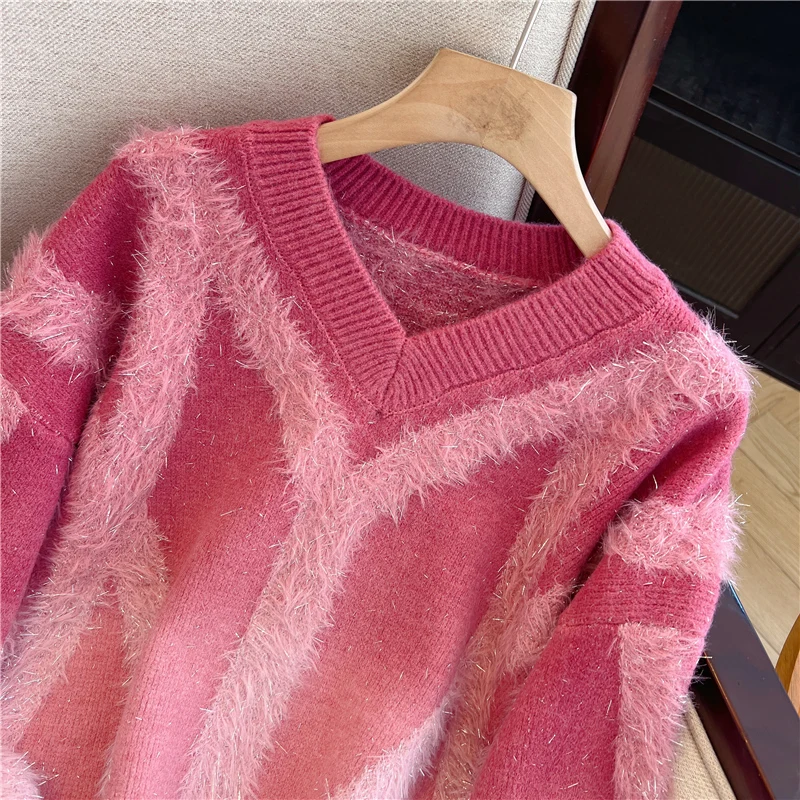 Women's Red Knit Pullover Sweater Harajuku Korean Patchwork Long Sleeves V-Neck Gradient Sweaters Vintage Y2k 2000s Clothes 2025