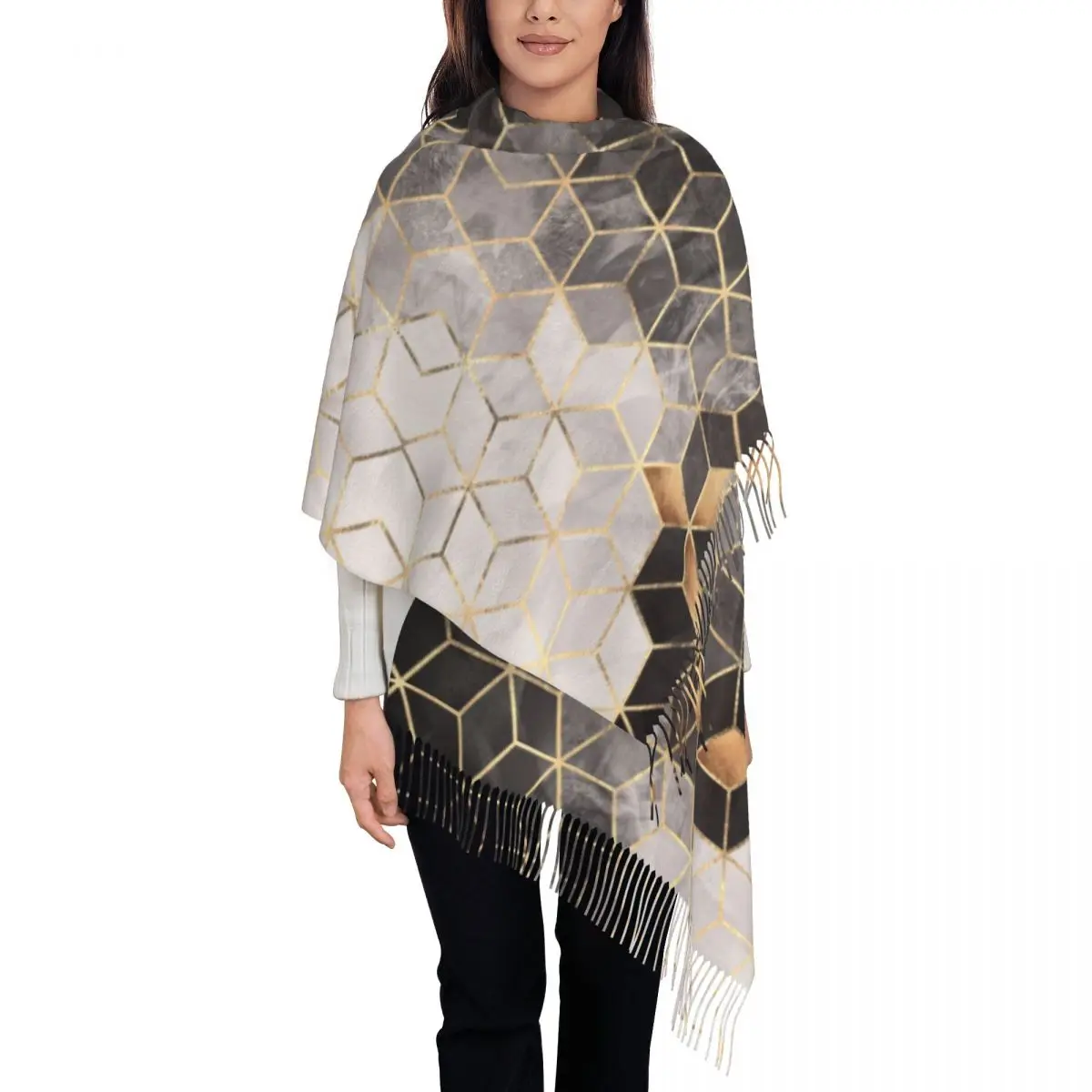 

Smoky Cubes Tassel Scarf Women Soft Abstract Geometric Pattern Shawls Wraps Lady Winter Fall Scarves