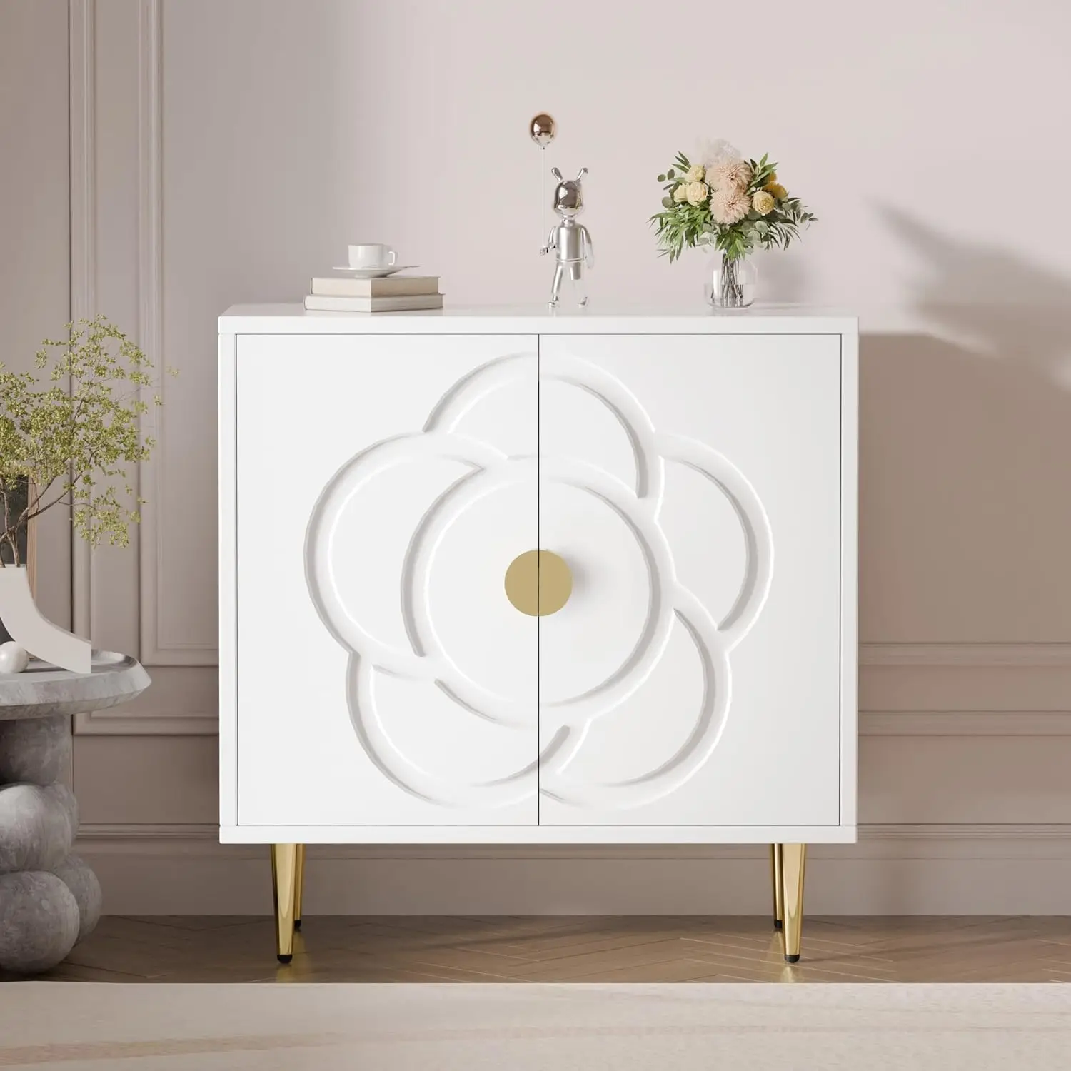 Modern Storage Cabinet with Flower Pattern Doors, Accent Sideboard Buffet for Hallway Living Room Kitchen, White, Customized