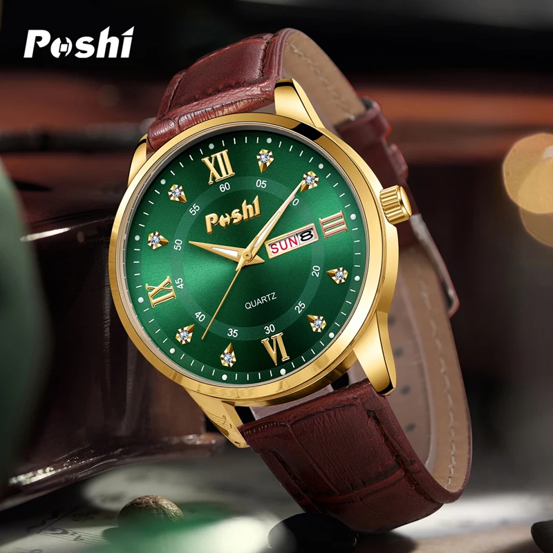 POSHI 954 New Fashion Quartz Watch Luxury Men\'s Watches Original Brand Business Leather Strap Simple Man Clock with Date Week