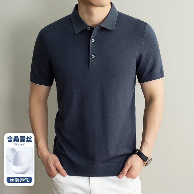 Lyocell Knitting Clothes for Men Good Quality Silk Cotton Breathable Knit Polo Shirt Short Sleeve Summer Knitwear Pullover  Tops