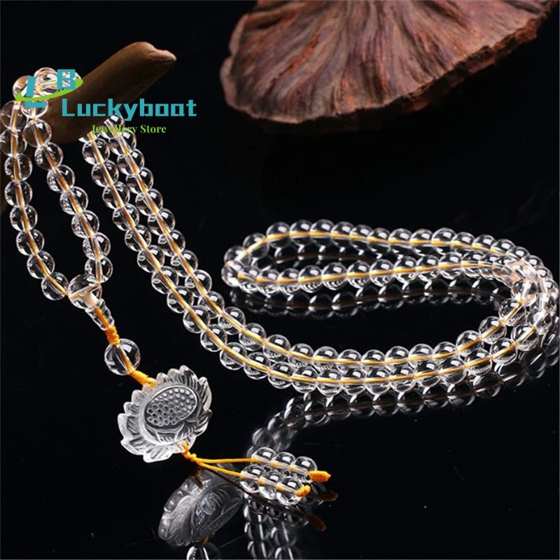 6A Natural 8mm Clear White Crystal Beads 108 Rosary Mala Multi-circle 108 Bracelets for Men or Women Long Yoga Lotus Necklace