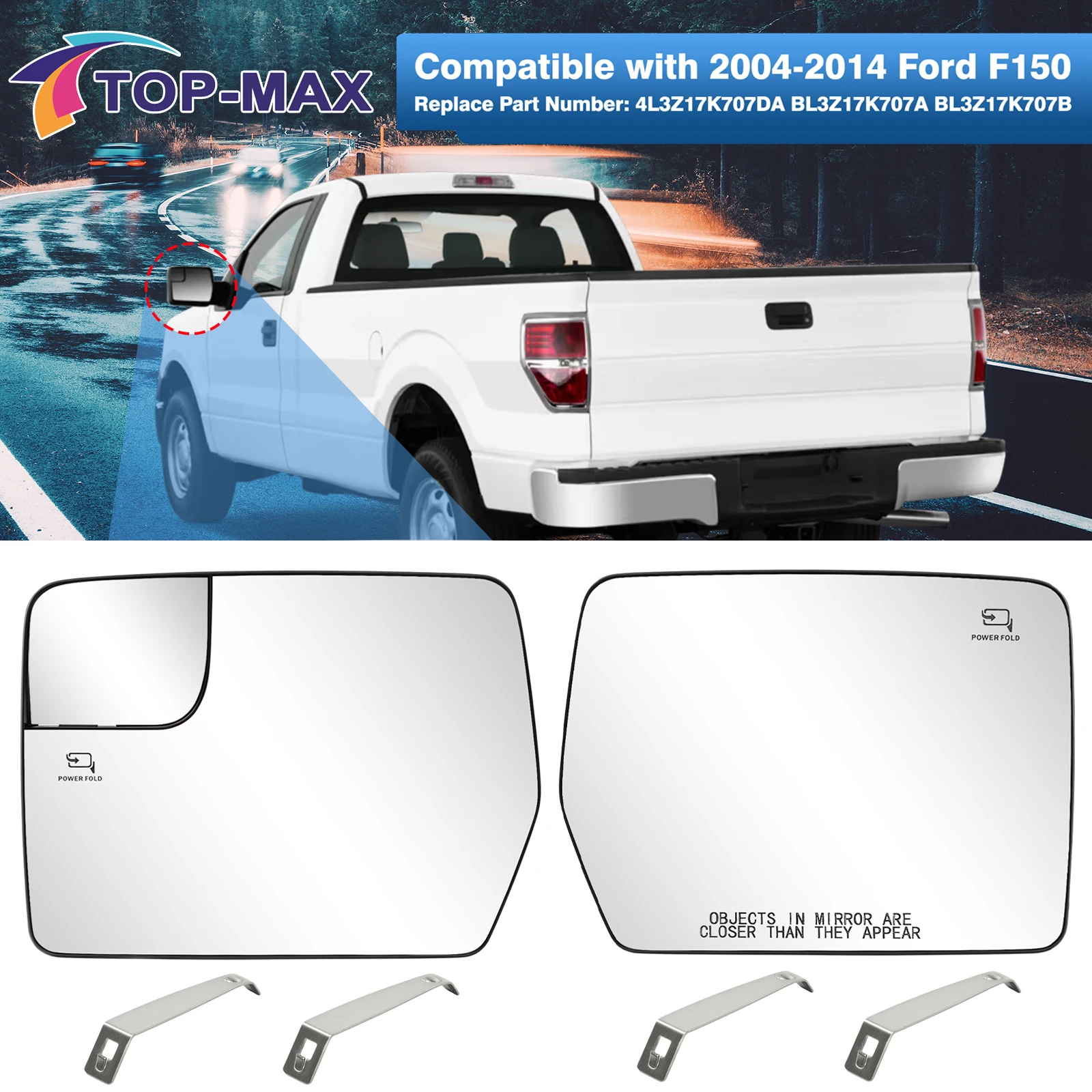 

Left/Right Heated Side Rearview Mirror Glass White Lens Replacement For FORD F150 2004-2014 BL3Z17K707E BL3Z17K707A