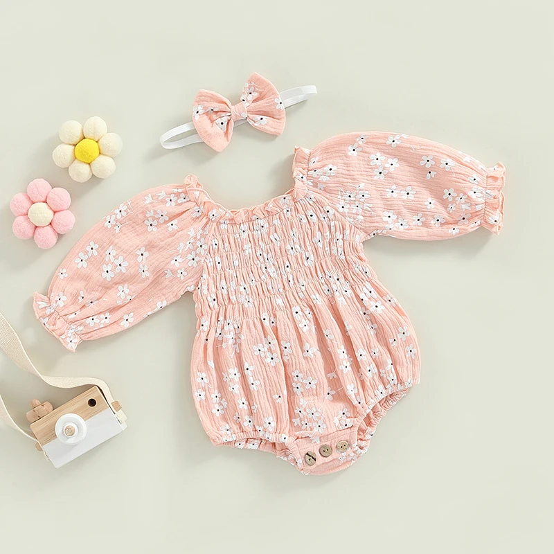 

Newborn Girls Cotton Romper Outfits Long Sleeve Floral Printed Pleated Romper + Headband Cute Spring Autumn Clothing