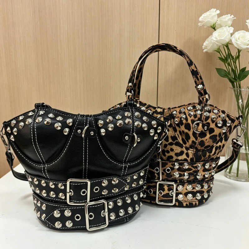 Cool Punk Style Handbag Luxury Retro Rivet Motorcycle Bag Unique Lingerie-style Bucket Bag Leopard Large Capacity Crossbody Bag