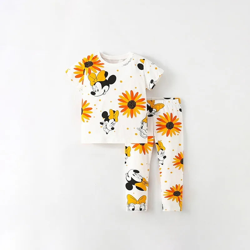 New Summer Kids Girl Boy Sets Comfortable Cotton Cartoon Mickey Sunflower T-shirt and Casual Pants Children's Clothing K11710