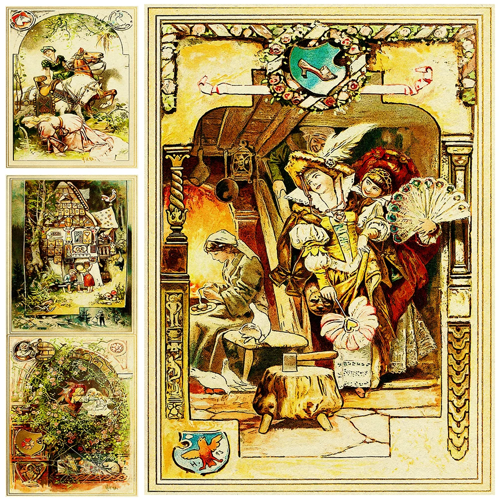 Kids Cute Nursery Fantasy Fairy Tale Vintage Wall Art Canvas Painting Goose Girl&Sleeping Beauty Abstract Art Poster Print Decor