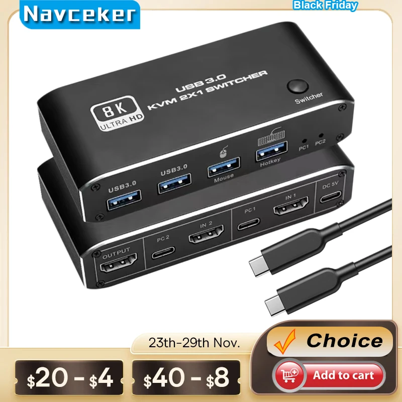 

Navceker HDMI 2.1 KVM Switch 4K 120Hz HDMI USB 3.0 KVM Switch USB 8K 60Hz 1080@240Hz USB KVM Switcher HDMI with USB 3.0 port PC