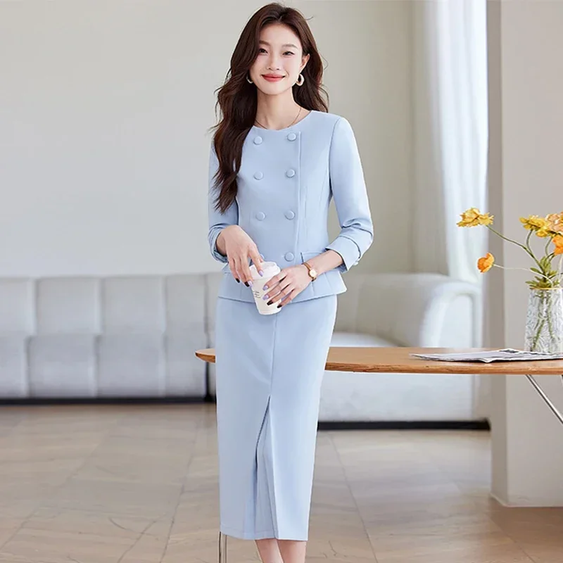 Elegant Suit and Skirt Set: Women\'s 2024 Autumn New Fashion Korean-style Sweet Round Neck Coat Trend Female Lady Two-piece Set