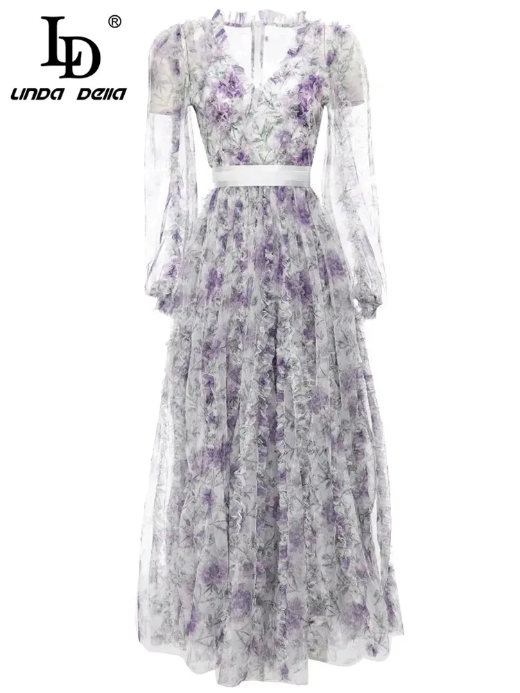

LD LINDA DELLA Fashion Designer Spring Dress Women V-neck Long sleeve Flowers Print Mesh Vintage Party Elegant Midi Dress