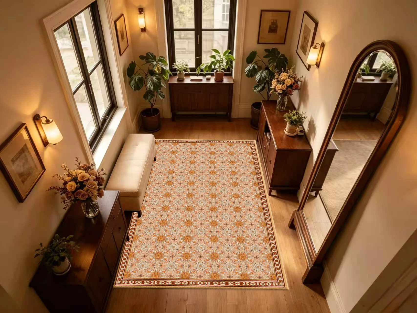 Vintage Sunflower Floral Ornament Carpet Flooring Warm Orange Beige Border Printed Square Floor Rug for Household Space