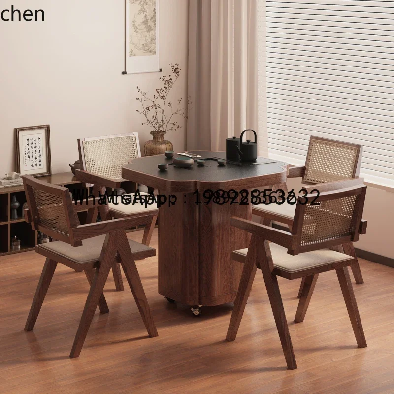 

W7- medieval four-leaf clover solid wood movable tea table living room tea cabinet balcony small tea table coffee table