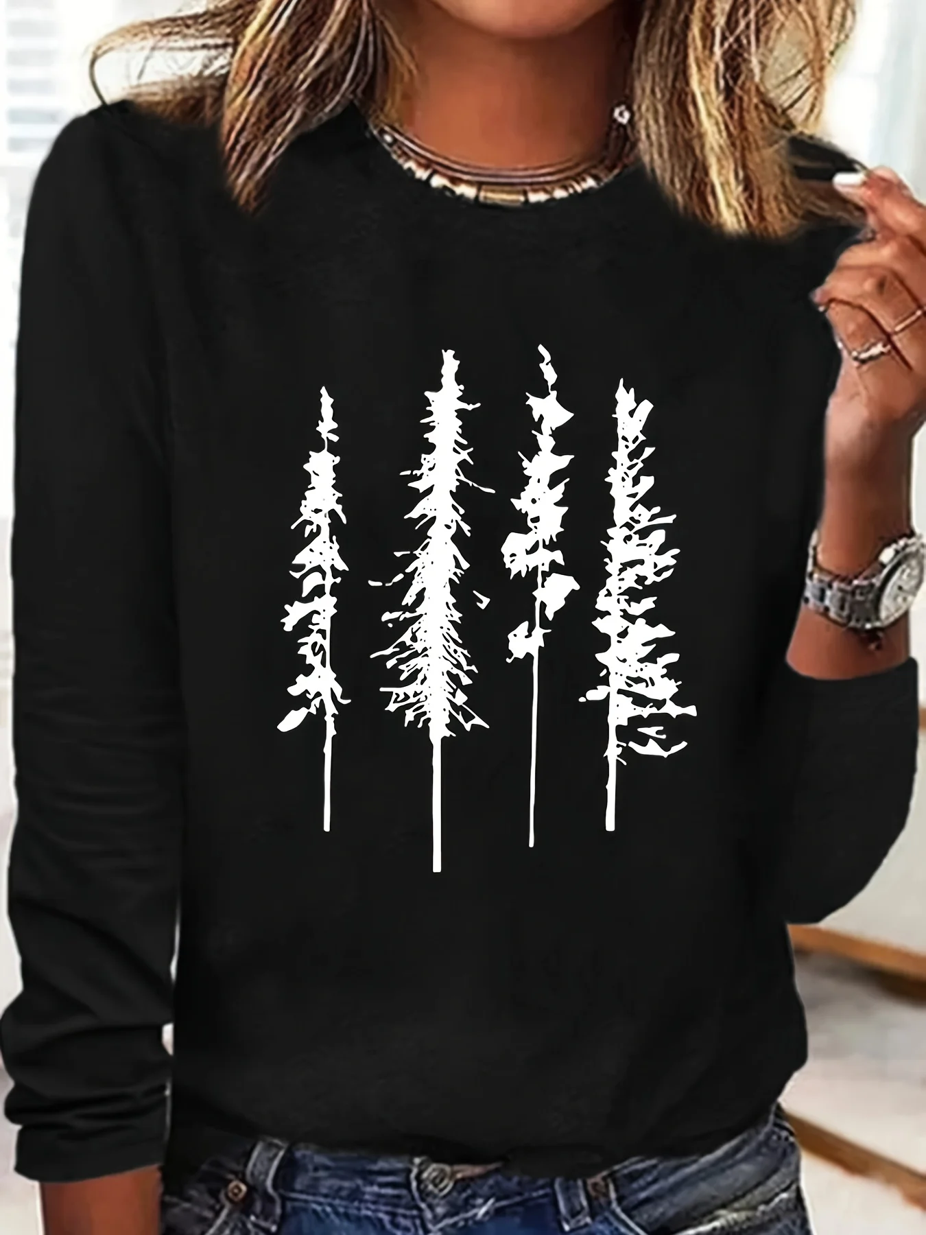 تي شيرت نسائي للربيع والخريف 100% من القطن الخالص غير رسمي فضفاض بطباعة صنوبر هندسية ورقبة دائرية وأكمام طويلة