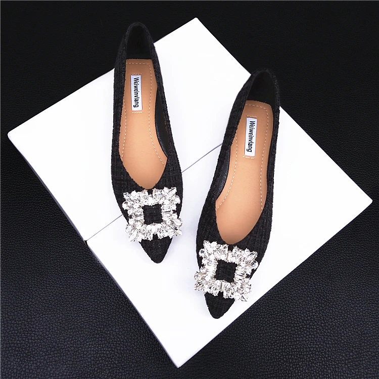 New Flat Shoes Women's Rhinestone Square Buckle Pointed Temperament Soft Sole Single Shoes 7264