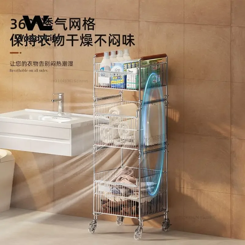 Double Layer Foldable Laundry Hamper Cart‌ - Mesh Ventilated Bathroom Basket Rolling Dry Storage Organizer for Clothes/Towels