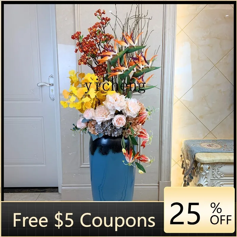 YFY Keramik-Vase als Ornament für Wohnzimmer, Blumenarrangement im Neuen Chinesischen Stil, Schlichte Luxuriöse Trockenblumen-Dekoration