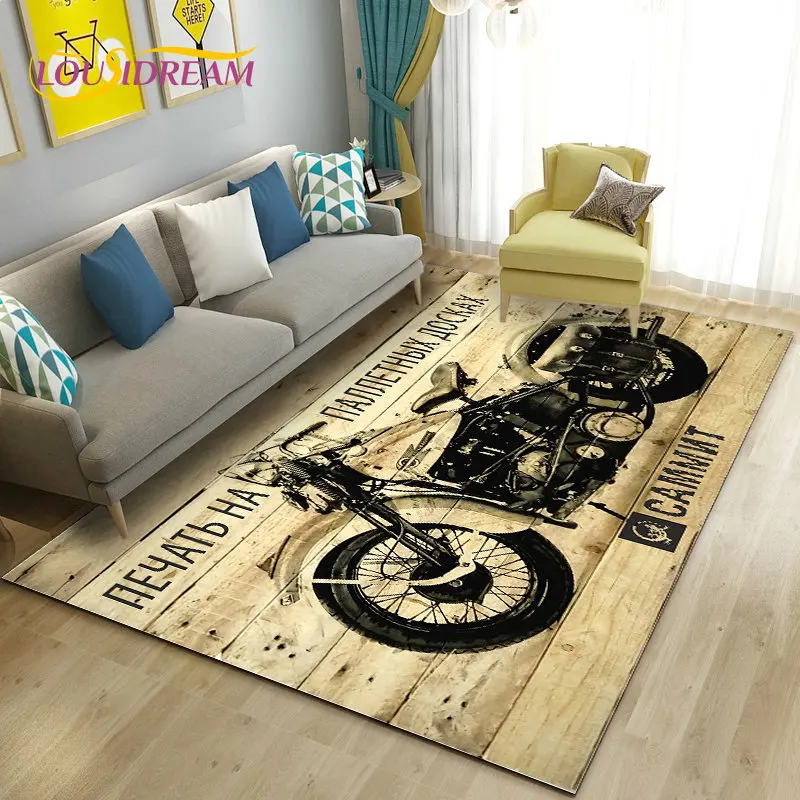 3D Retro Vintage Motorcycle Area Rug Large,Carpet Rug for Living Room Bedroom Sofa Decoration,Doormat Kitchen Non-slip Floor Mat