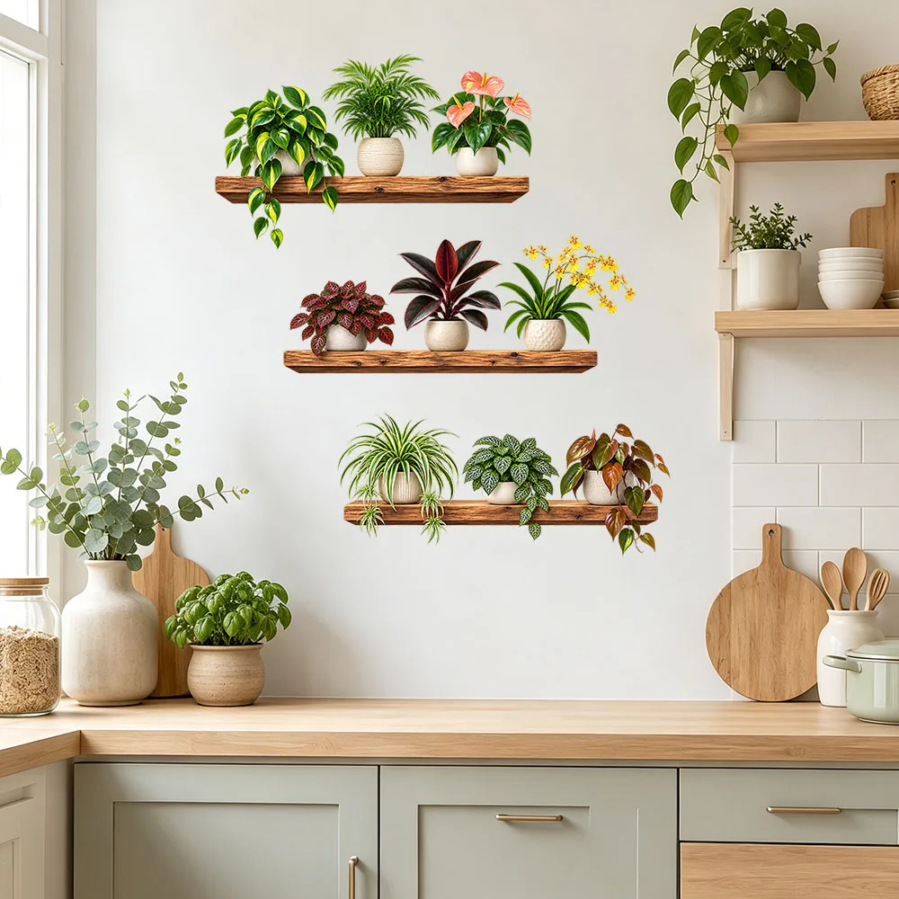 Vinilos decorativos para pared con motivos botánicos, plantas verdes en macetas, hojas, adhesivos para estanterías de madera, para la cocina, el salón, decoración de naturaleza para el hogar.