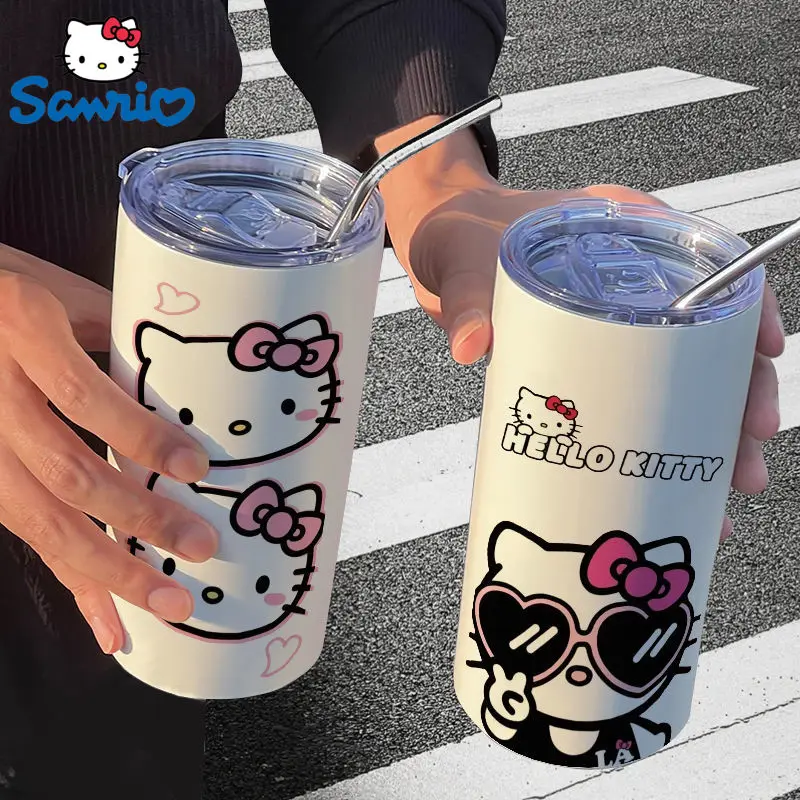 New Sanrio Hello Kitty Kawaii 480ml Thermos Bottle Cup With Straw Women Insulated Cup Straws Portable Coffee Stainless Steel