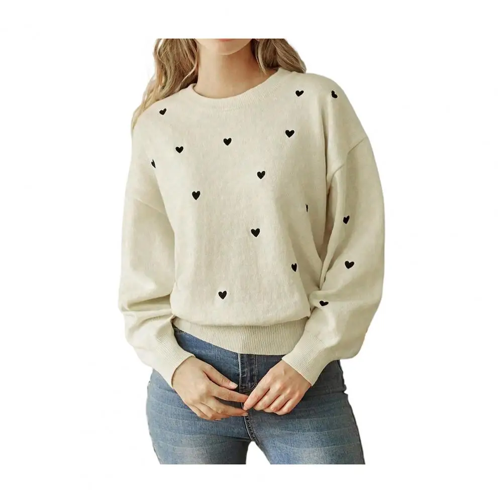 

Long Loose Fit Sweater Soft Stretchy Women Sweater Heart Pattern Loose Fit Knitwear for Women Round Neck Long Sleeve Sweater