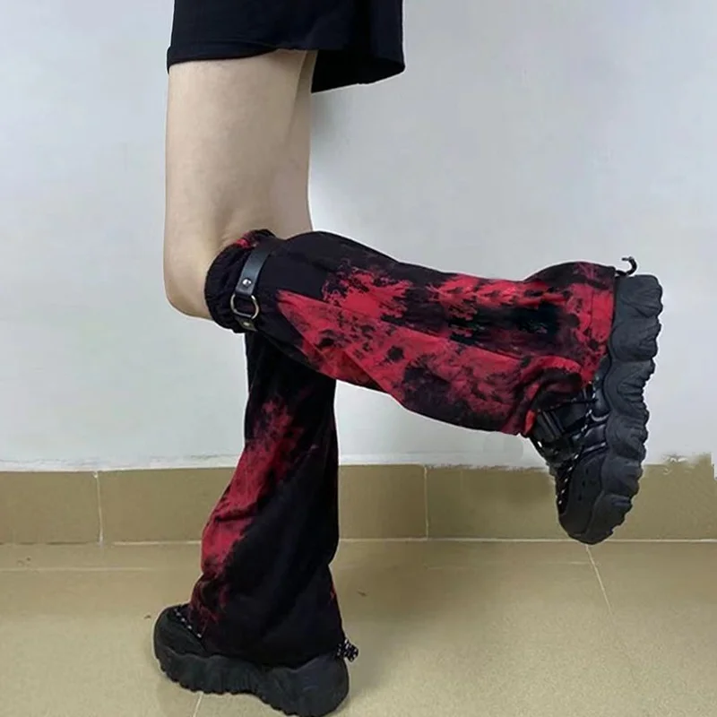 KOSAHIKI Punk Girl Goth Leg Warmer Black Red Tie Dye Lady Ninja Harajuku Gothic Foot Covers PU Strap Long Sock Chic Streetwear