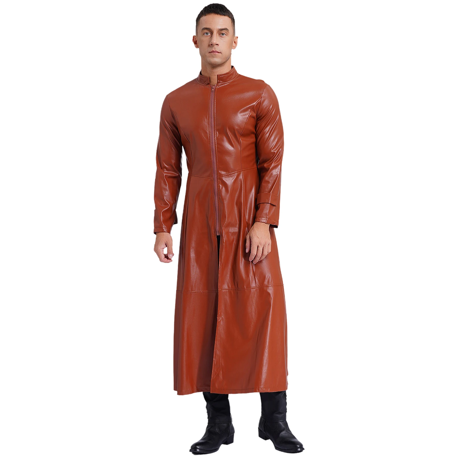 Mens Steampunk Faux Leather Trench Coat Clubwear Stand Collar Front Zipper Long Sleeve Long Coat Windproof Jackets Overcoat Tops